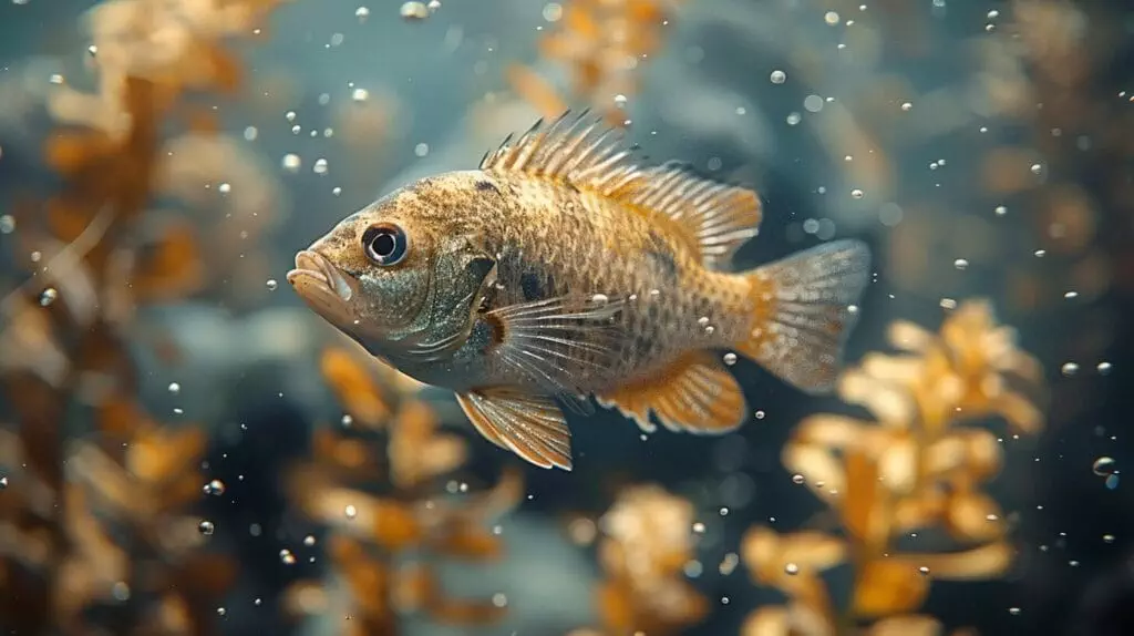 A fish in murky water with calcium deposits on tank walls, wilting plants and high alkalinity pH test