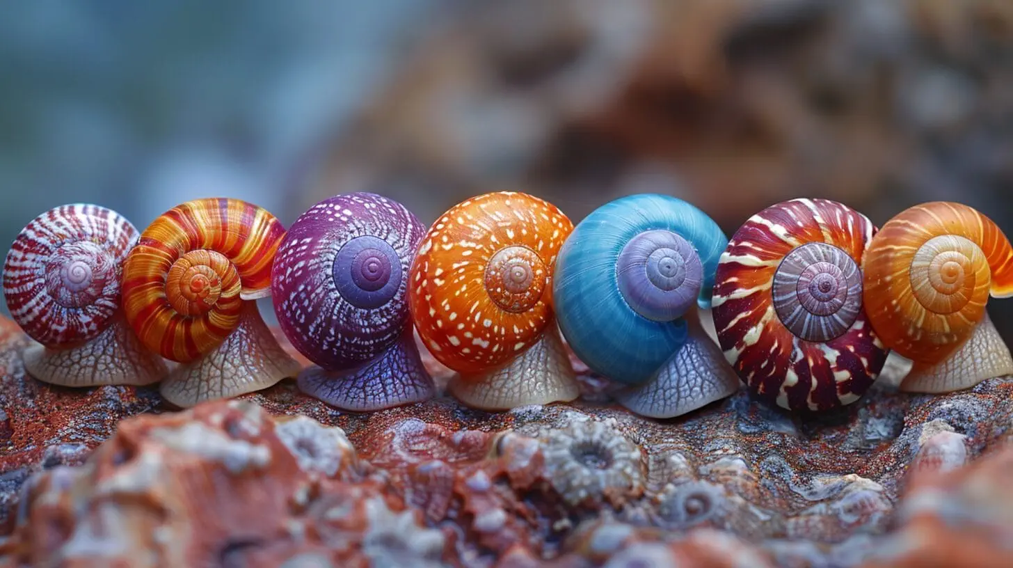 Colorful snail shells with intricate patterns.
