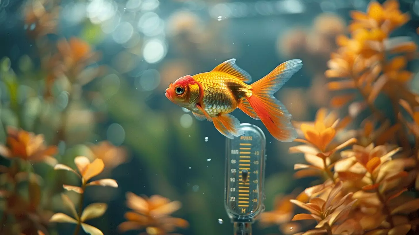 Happy goldfish in clear aquarium with lush green plants and thermometer showing 65-72°F.