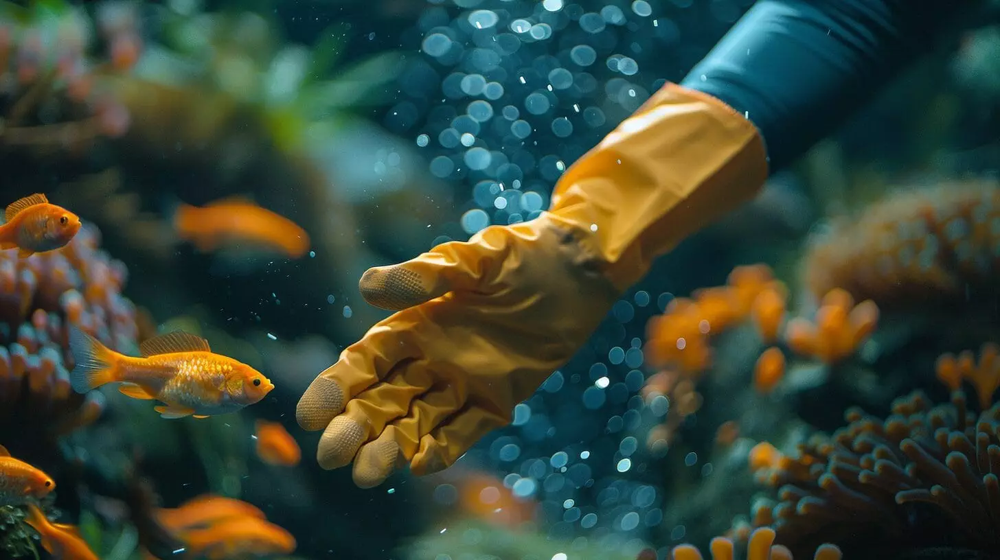 Person in protective gear cleaning aquarium and using water testing kit