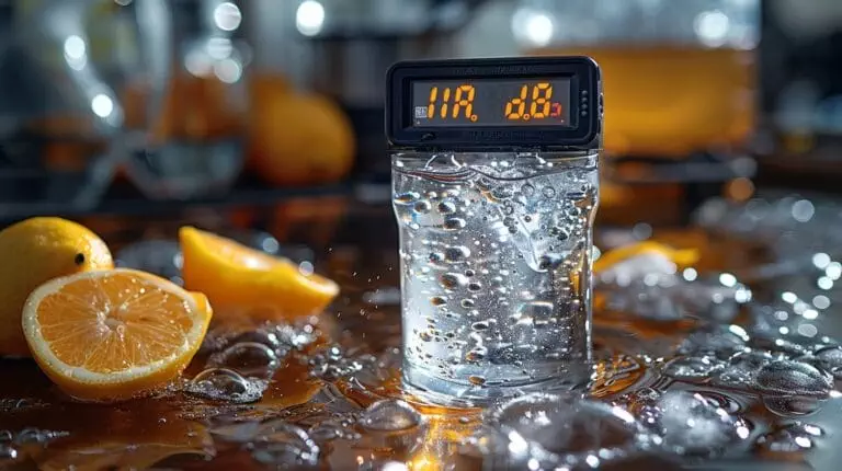 digital pH meter in water glass, precise reading display