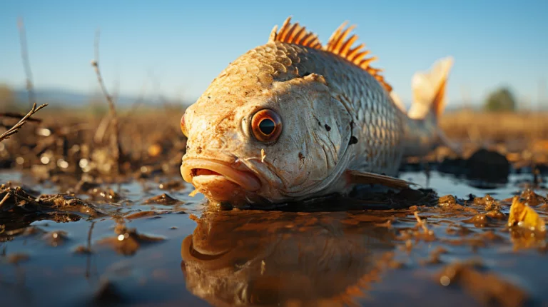 A fish with reddish fins lies partially submerged in a shallow muddy puddle on a dried-out lakebed under a clear blue sky, raising the question: Do fish suffocate out of water?