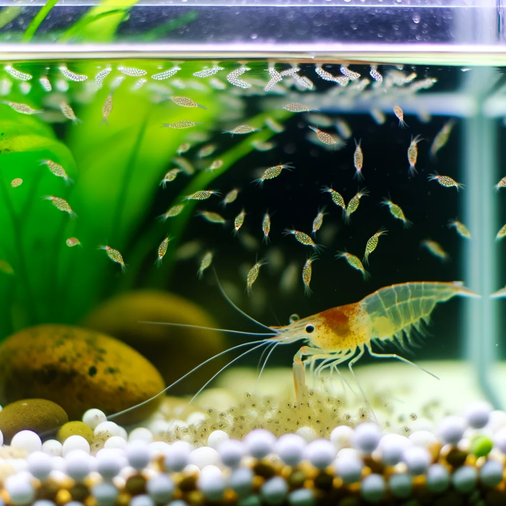 An aquarium with a shrimp among small fish and plants in the background, creating a vibrant underwater scene. Pebbles and tiny orbs decorate the tank's bottom. Curious? Learn how long brine shrimp live to better understand these fascinating creatures.