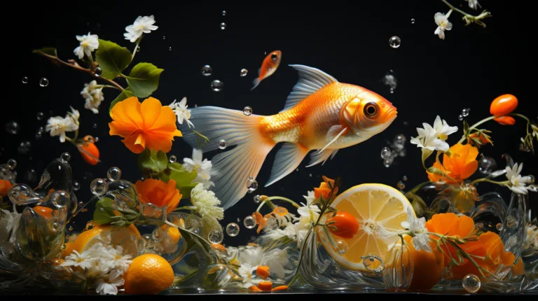 A goldfish swims amongst an arrangement of floating flowers, lemon slices, and bubbles in a serene fish tank against a dark background.