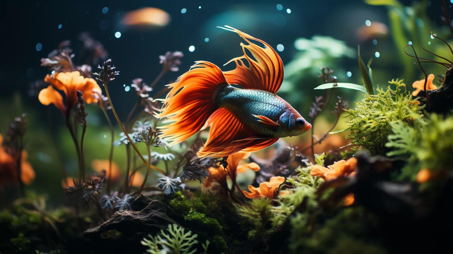 A vibrant Betta fish swims among lush aquatic plants, including a striking Pathos plant, set against colorful corals and a dark, blurred background.