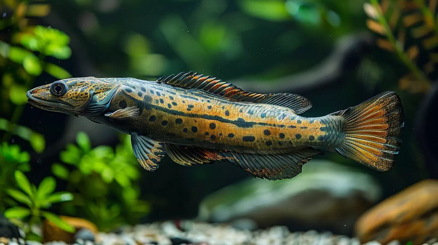 A Dinosaur Bichir with an elongated body, ornate fins, and a spotted pattern swims near plants and gravel in an aquarium.