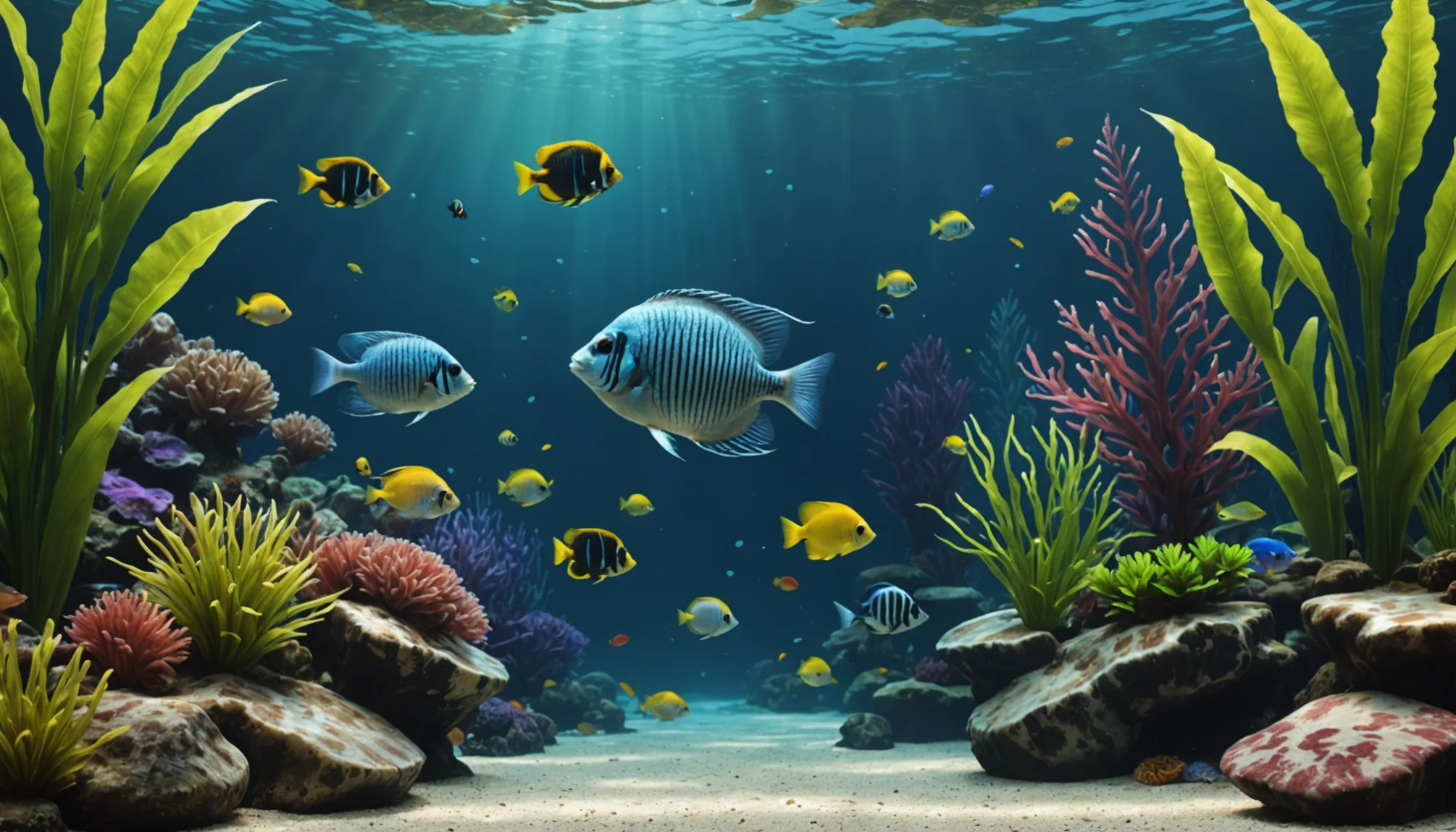 a vibrant underwater scene features colorful fish like gouramis and angelfish swimming harmoniously among aquatic plants and coral under the soft sunlight filtering through the water A vibrant underwater scene features colorful fish like gouramis and angelfish swimming harmoniously among aquatic plants and coral under the soft sunlight filtering through the water.