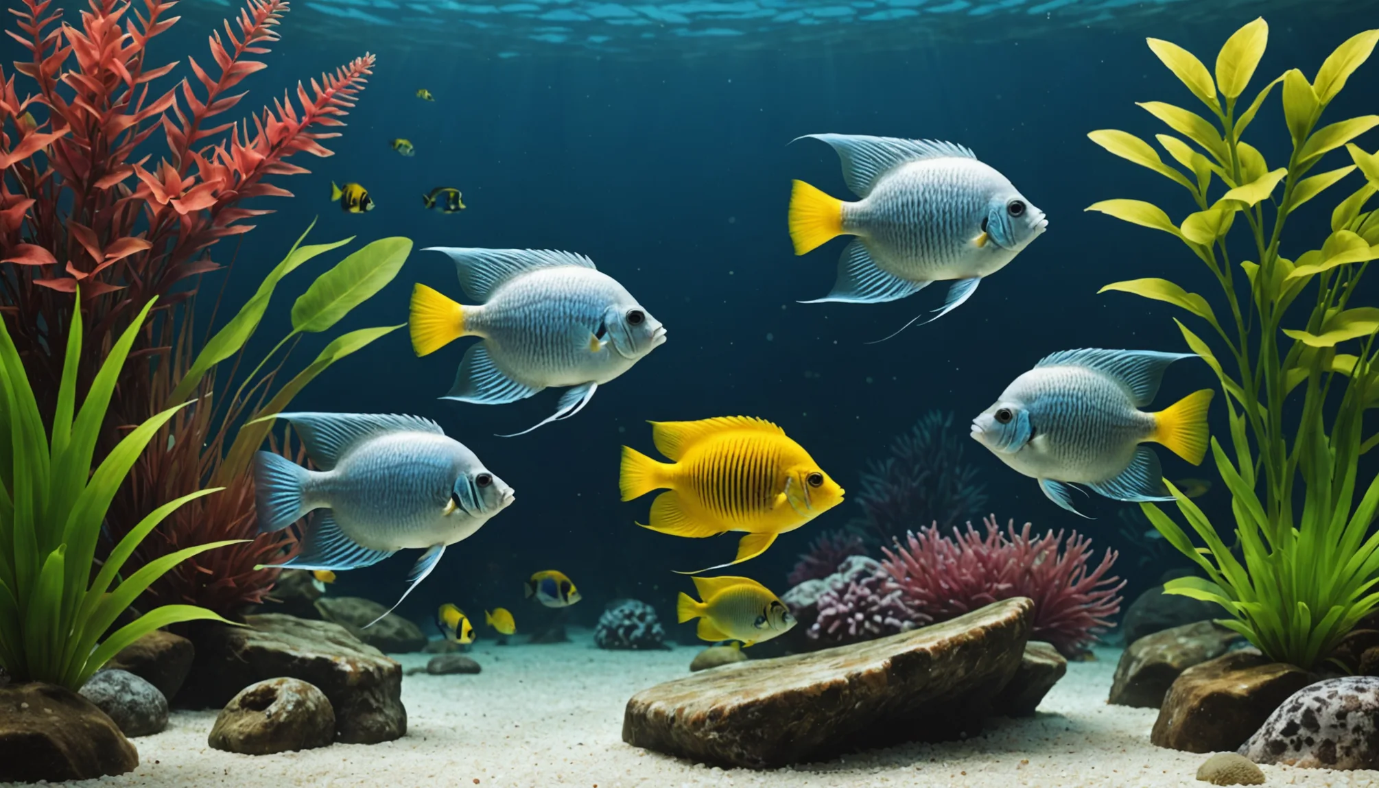 gouramis gracefully navigate among vibrant plants and rocks in the clear aquarium seamlessly sharing their aquatic haven alongside angelfish Gouramis gracefully navigate among vibrant plants and rocks in the clear aquarium, seamlessly sharing their aquatic haven alongside angelfish.