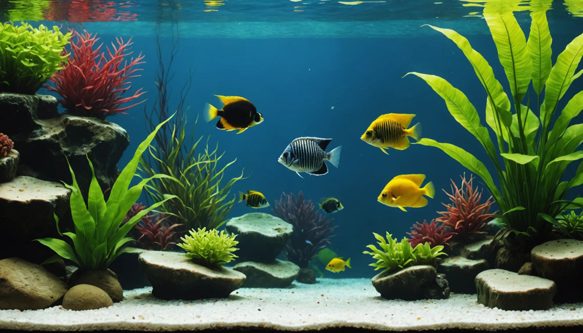 in a vibrant aquarium colorful fish including gouramis and angelfish swim gracefully among plants and rocks In a vibrant aquarium, colorful fish, including Gouramis and Angelfish, swim gracefully among plants and rocks.