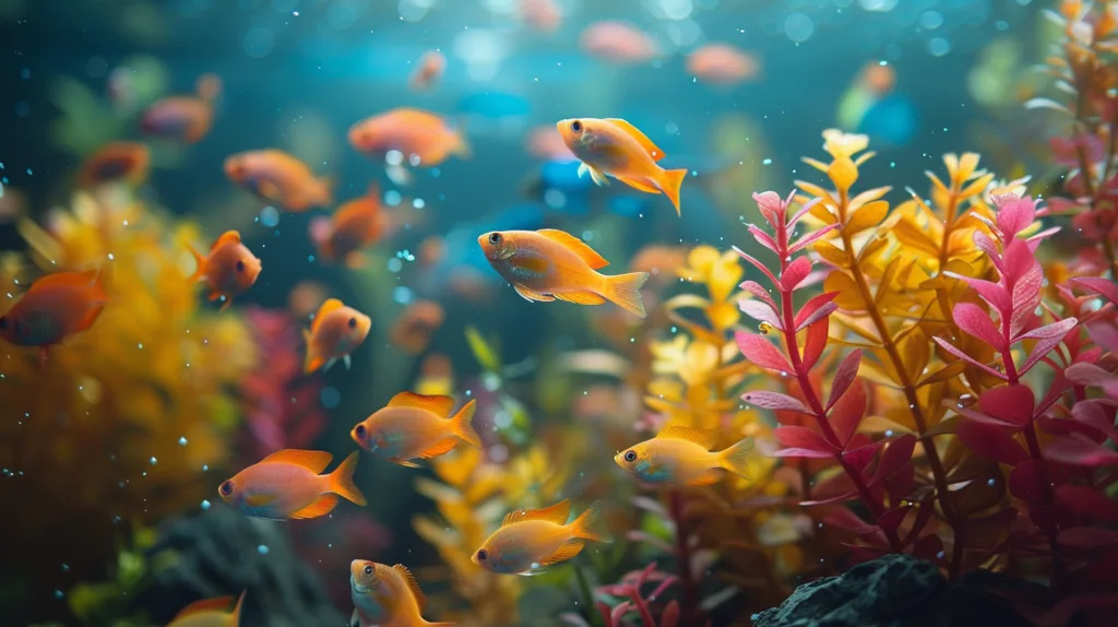 Sparkling clean fish tank crystal clear water colorful fish no odors Sparkling clean fish tank, crystal clear water, colorful fish, no odors.