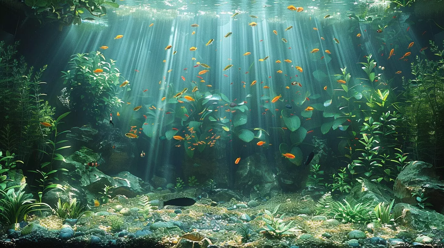 Underwater scene with sunlight filtering through, illuminating plants and numerous small fish, including potential Black Ghost Fish tank mates, swimming among rocks and aquatic vegetation.