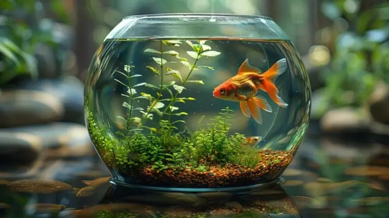 Well-maintained goldfish bowl with plants and a happy goldfish.