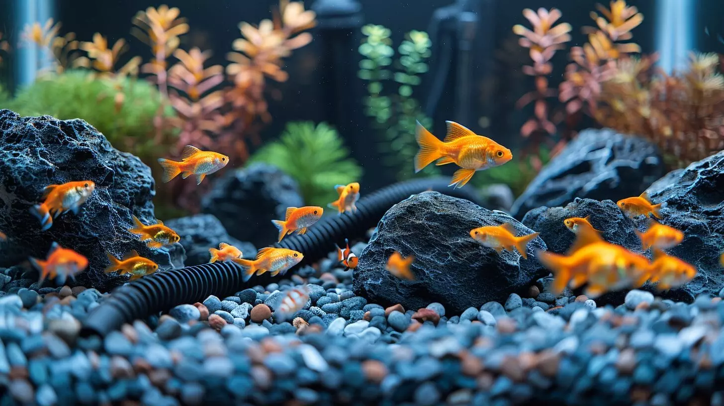 aquarium cleaning tools next to a clean, vibrant fish tank.