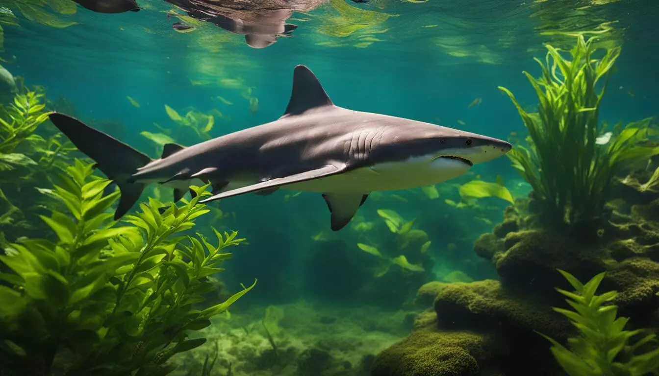 A Red Tail Shark swims among aquatic plants in a bustling atmosphere.