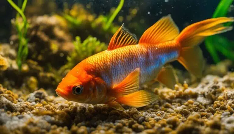 A bright orange fish with golden and blue accents swims near the gravel bottom of an aquarium with green plants in the background, making one wonder, 