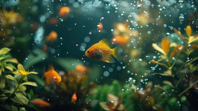 A single goldfish swims serenely among aquatic plants and bubbles in a fish tank, its vibrant colors contrasting against the lush greenery. To maintain this peaceful scene, some aquarists inquire, 