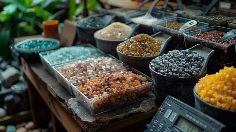 display of various colored crystals and stones sorted in containers on a wooden table with a calculator and green plants in the background perfect for figuring out how many pounds of gravel for a 10 gallon tank Display of various colored crystals and stones sorted in containers on a wooden table, with a calculator and green plants in the background, perfect for figuring out how many pounds of gravel for a 10 gallon tank.