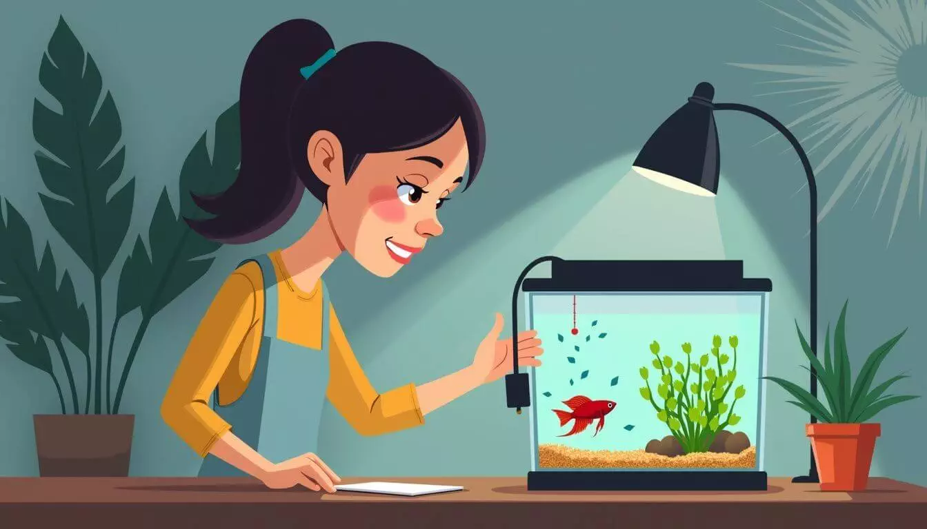 A woman setting up a small fish tank for baby betta fish.