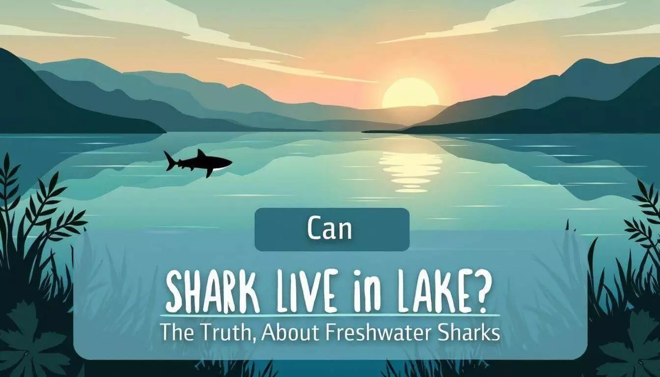 Illustration of a serene lake at sunset with a shark fin visible in the water. Text reads: 