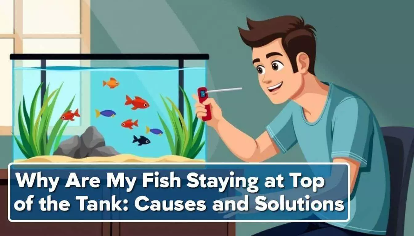 Illustration of a person testing water in a fish tank, with a headline about fish staying at the top and possible causes and solutions.