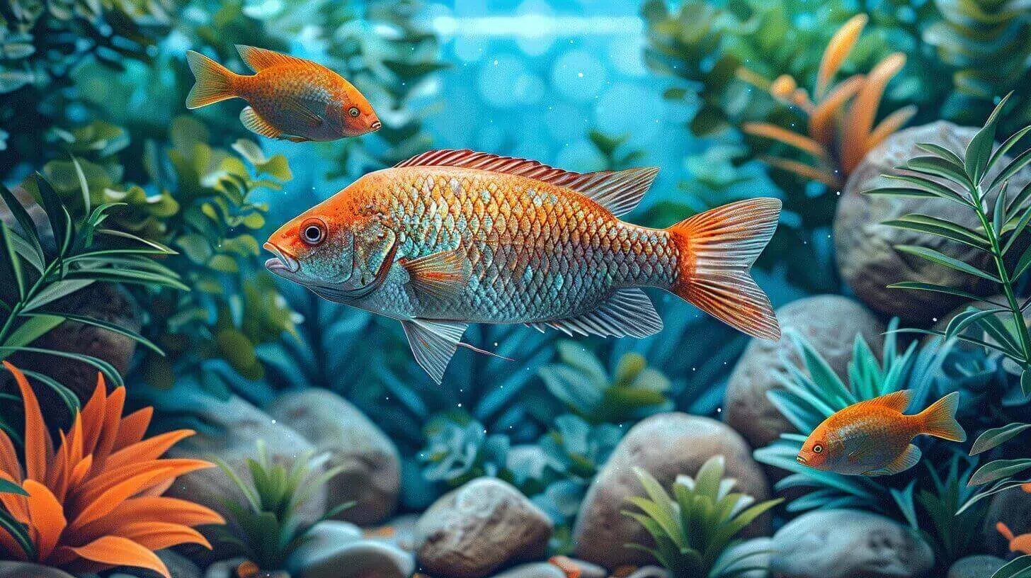 In a vibrant underwater scene, three orange fish gracefully swim among aquatic plants and rocks, showcasing the beauty you can create in a 30-gallon tank.