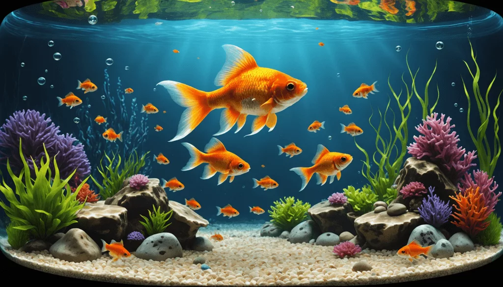 An aquarium with a large and several small goldfish, harmoniously sharing their space with fish compatible with goldfish, all amidst a backdrop of colorful plants and rocks on a sandy bottom.