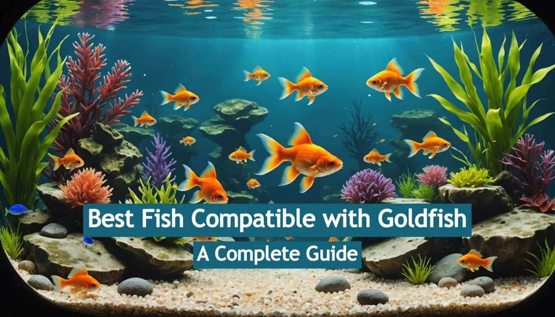Colorful underwater scene with goldfish swimming among rocks and plants. Text overlays: 