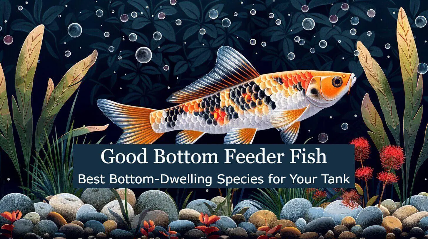 Illustration of a colorful fish swimming above a rock-covered aquarium bottom, surrounded by plants and bubbles, with text discussing good bottom feeder fish.