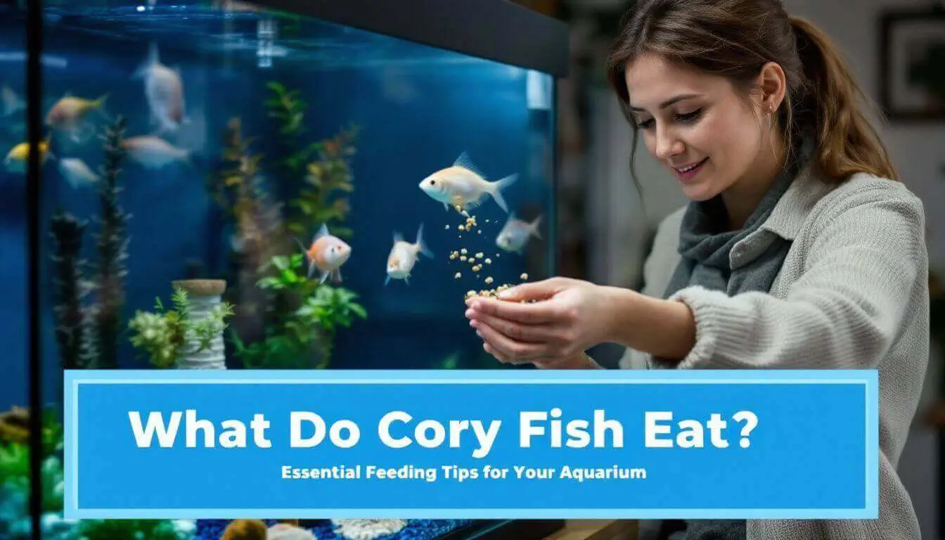 Person feeding fish in an aquarium with text: 