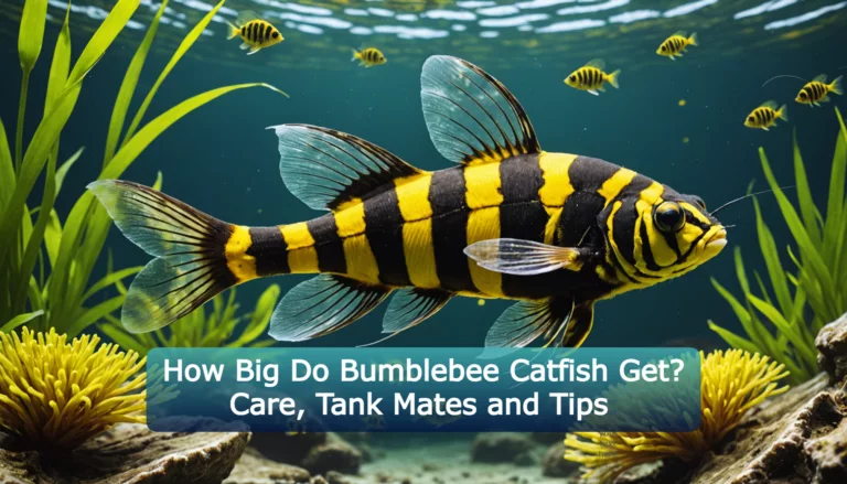 A bumblebee catfish gracefully swims among lush plants in an aquarium. Text overlay reads: 