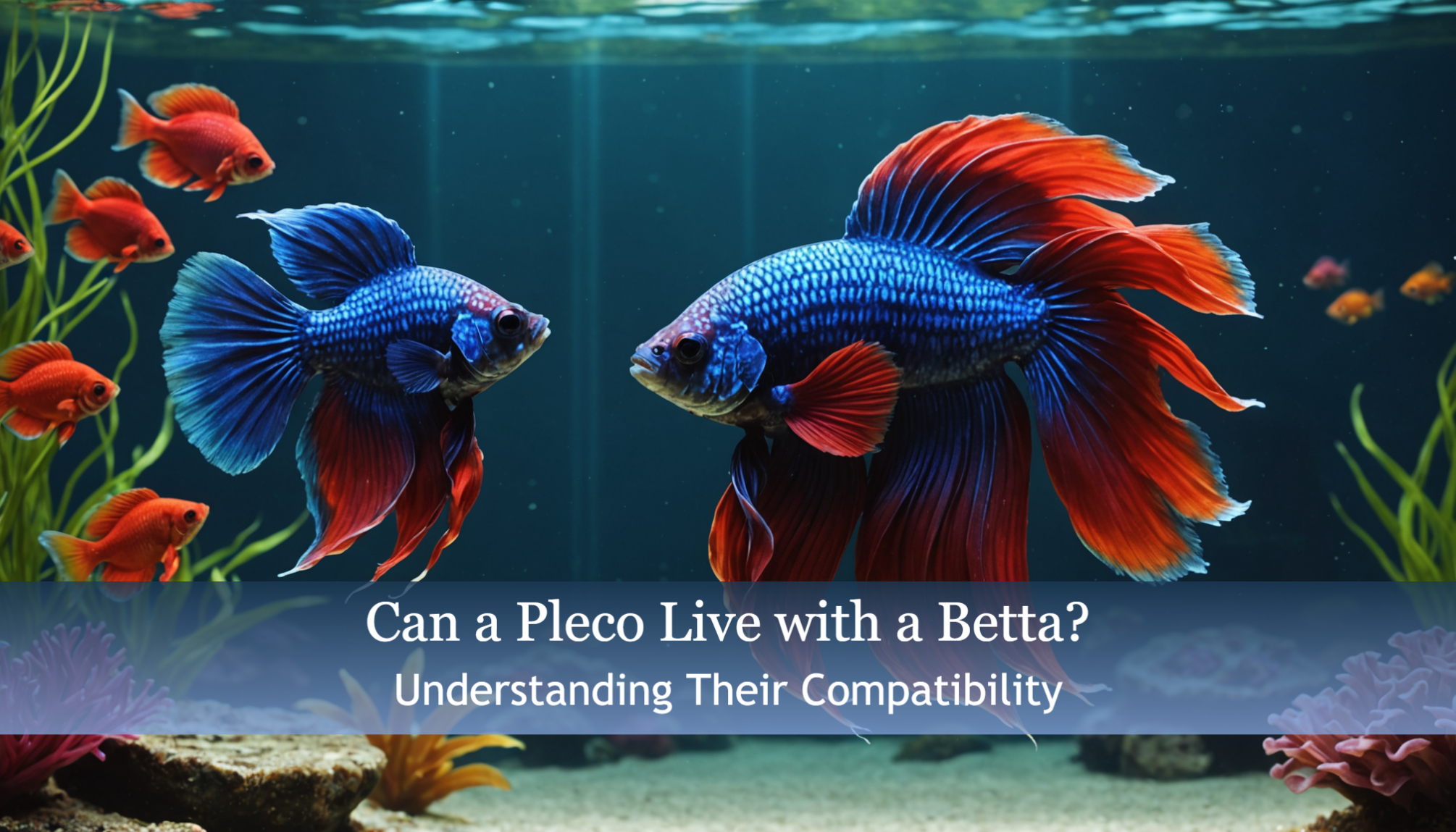 In a vibrant aquarium scene, two colorful fish glide gracefully with the text, 