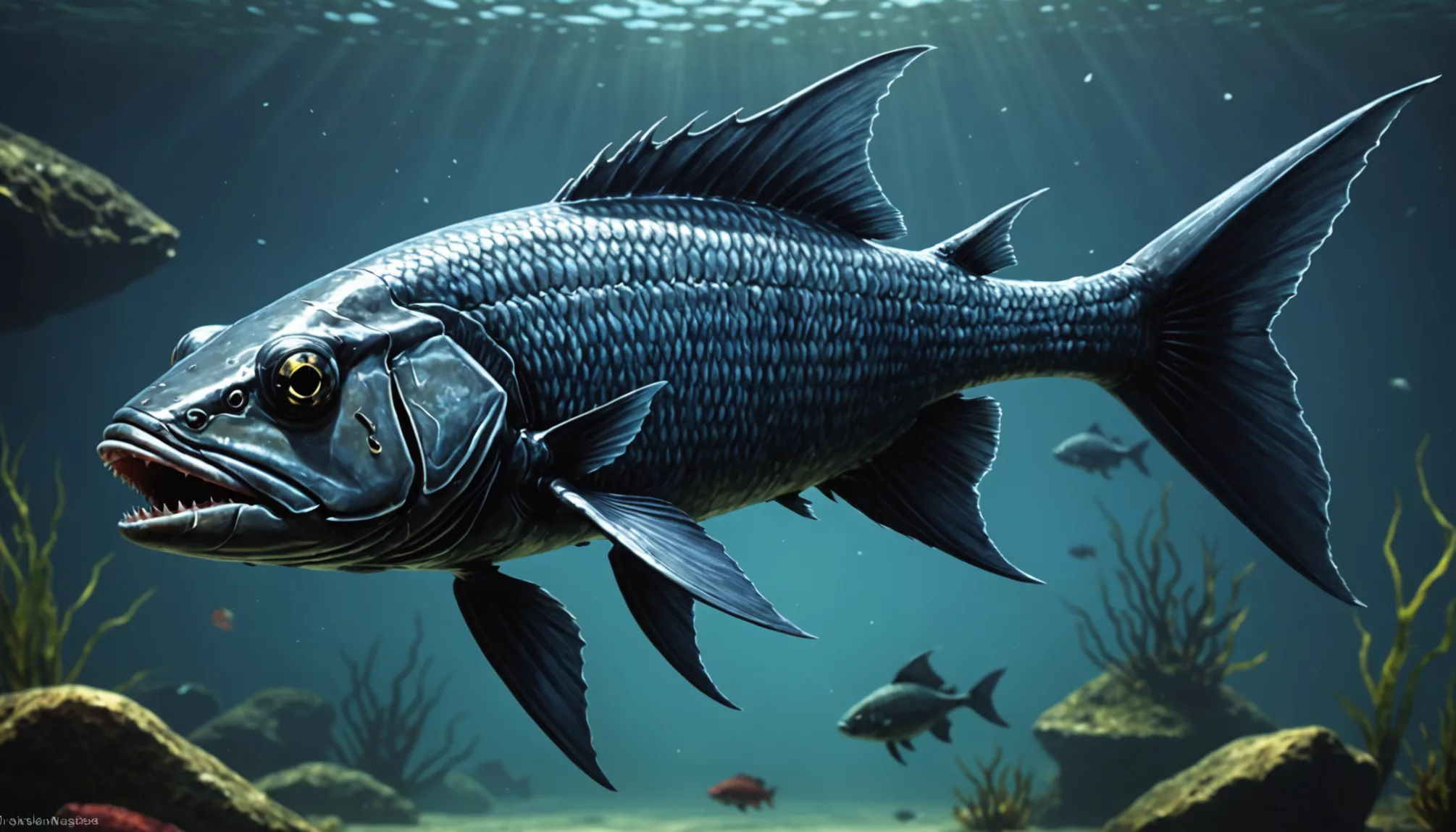 a coelacanth glides through a sunlit underwater scene surrounded by other fish and vibrant sea plants its ancient presence distinct amidst the freshwater fish with teeth A coelacanth glides through a sunlit underwater scene, surrounded by other fish and vibrant sea plants, its ancient presence distinct amidst the freshwater fish with teeth.