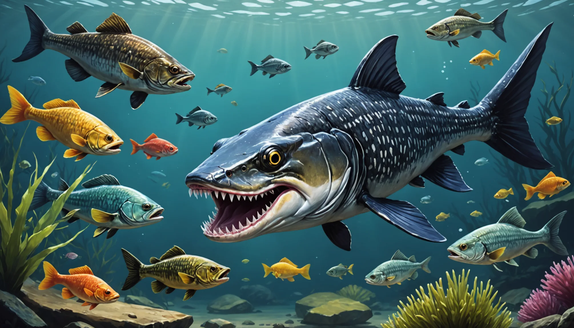 a diverse group of freshwater fish swimming underwater featuring a large toothy predator among smaller colorful companions A diverse group of freshwater fish swimming underwater, featuring a large, toothy predator among smaller, colorful companions.