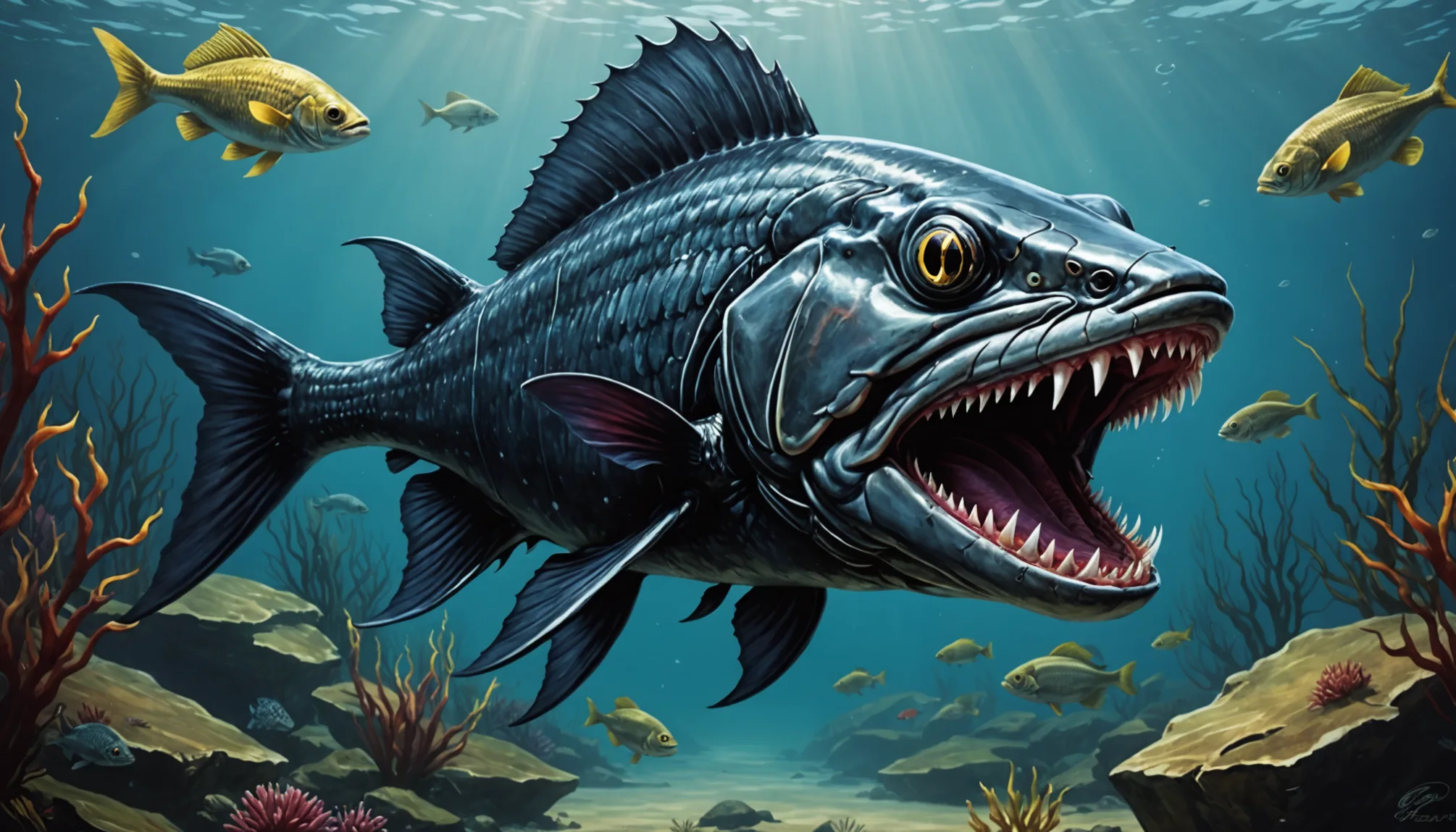 a large menacing freshwater fish with teeth swims amongst smaller fish and coral in a vibrant underwater scene A large, menacing freshwater fish with teeth swims amongst smaller fish and coral in a vibrant underwater scene.