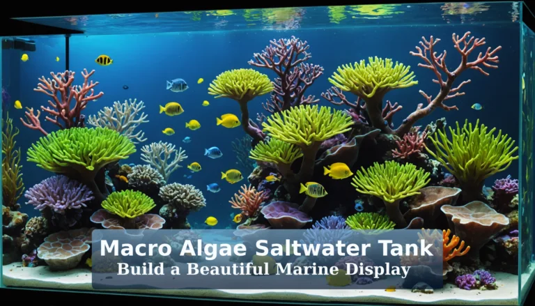 A vibrant macro algae saltwater tank with colorful corals and tropical fish, featuring a text banner that showcases a beautiful marine display.