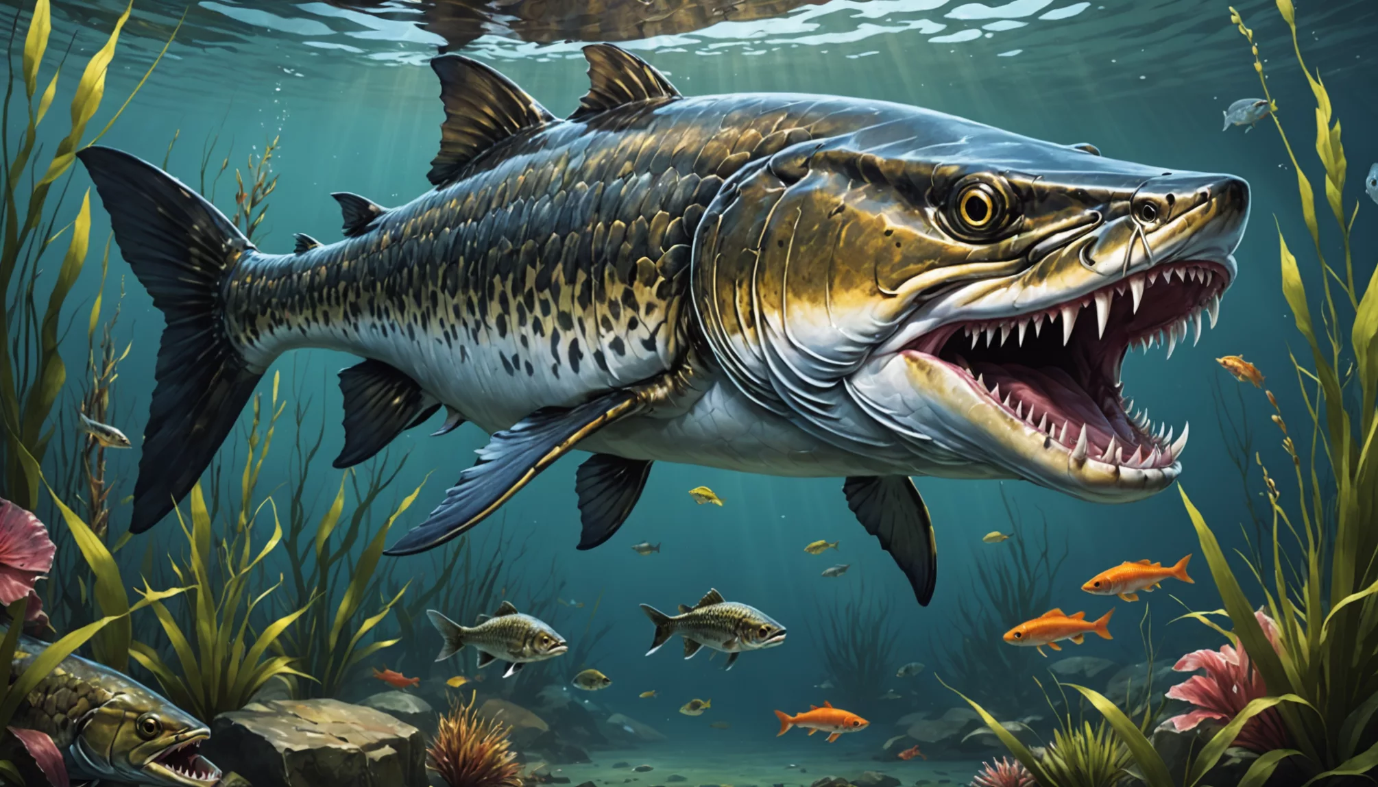 an underwater scene featuring a large predatory freshwater fish with teeth surrounded by smaller fish and aquatic plants An underwater scene featuring a large predatory freshwater fish with teeth, surrounded by smaller fish and aquatic plants.