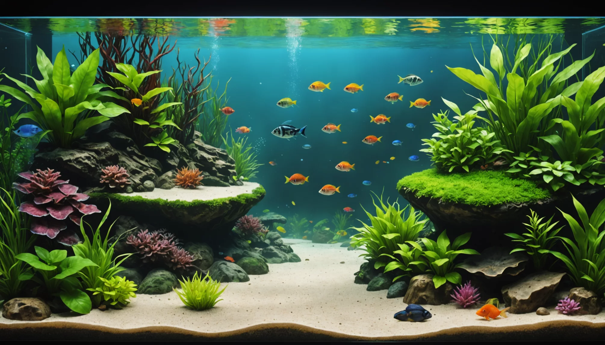 Aquarium with vibrant fish swimming among lush green plants, rocks, and sandy bottom.