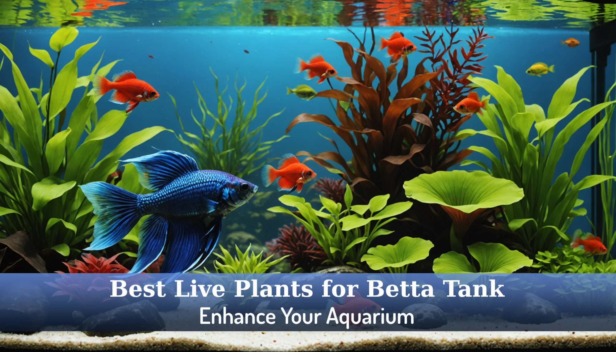 Aquarium with vibrant plants and colorful fish, featuring a large blue Betta fish in the foreground. Text overlay reads: 