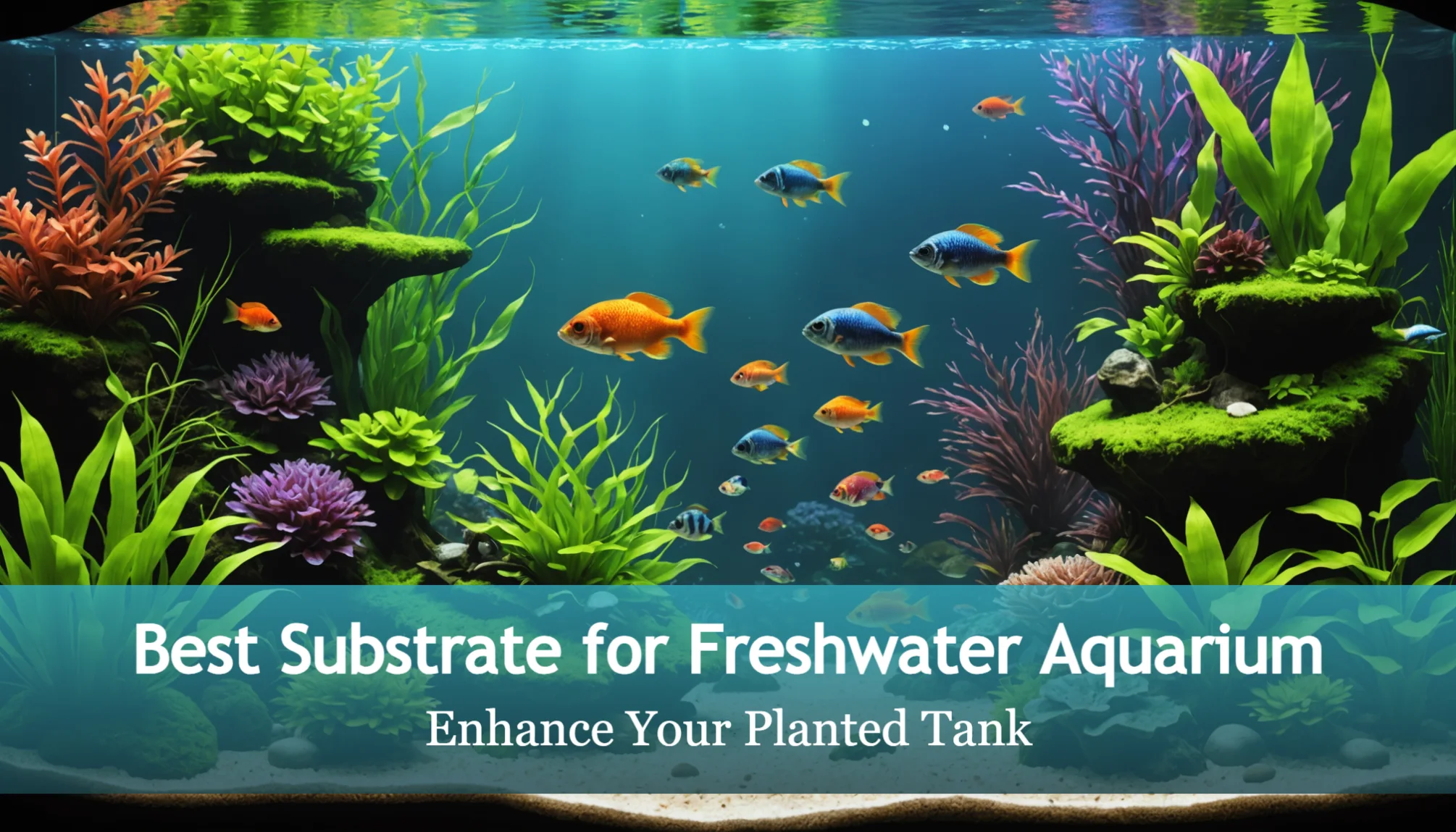 Colorful aquatic plants and fish inside a freshwater aquarium with text overlay: 