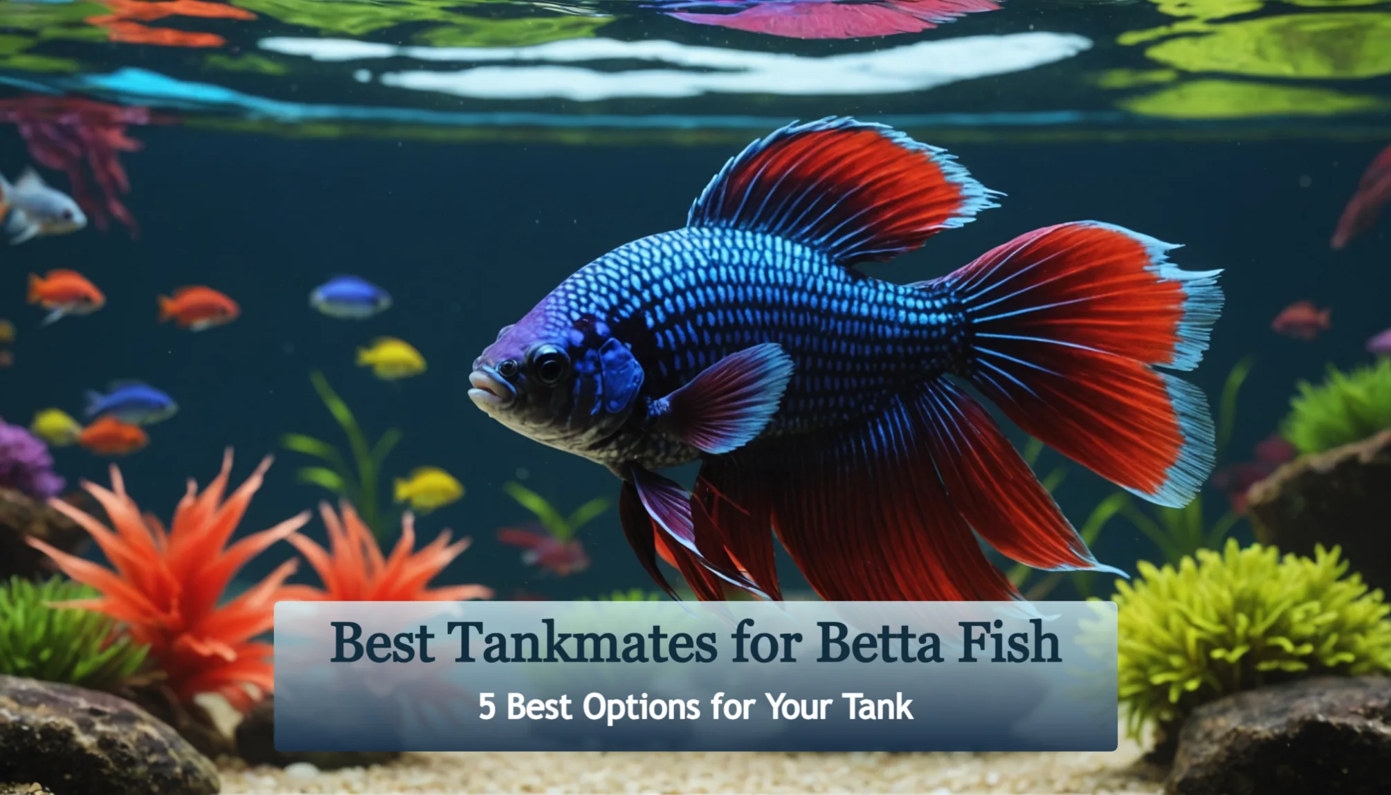 Colorful betta fish gracefully swim in an aquarium teeming with vibrant plants and lively small fish. Text highlights, 
