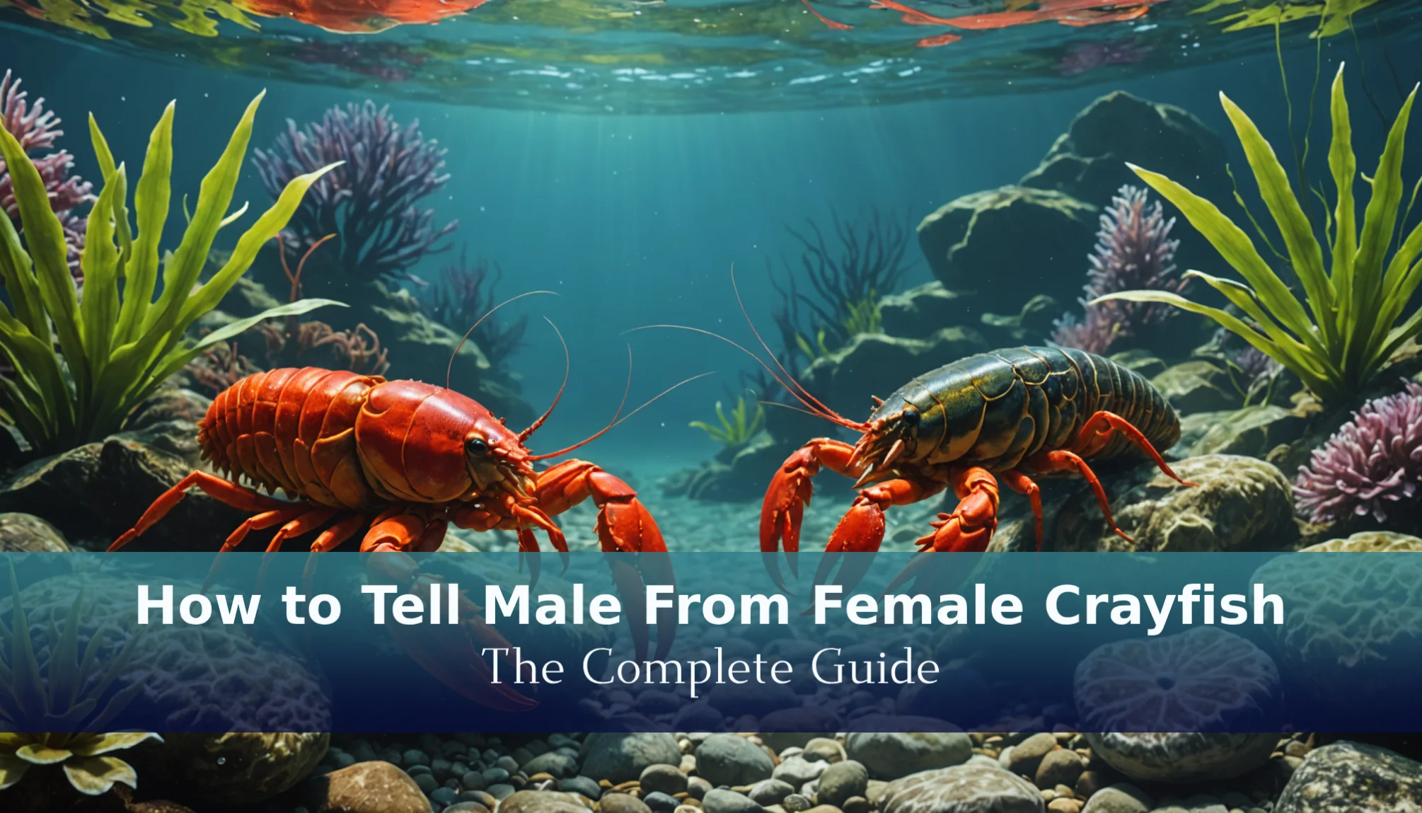 Two crayfish face each other underwater amid colorful aquatic plants. The image teases: 