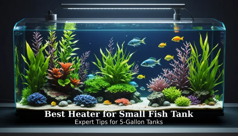 An aquarium with vibrant plants, colorful fish, and an overhead light showcases the best heater for small fish tanks. Text overlay reads: 