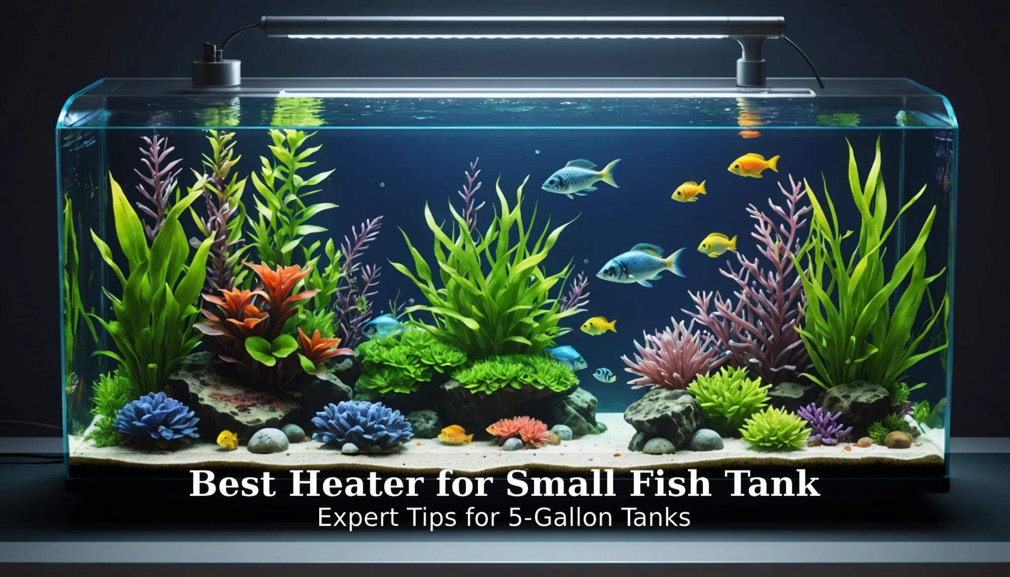 An aquarium with vibrant plants, colorful fish, and an overhead light showcases the best heater for small fish tanks. Text overlay reads: 
