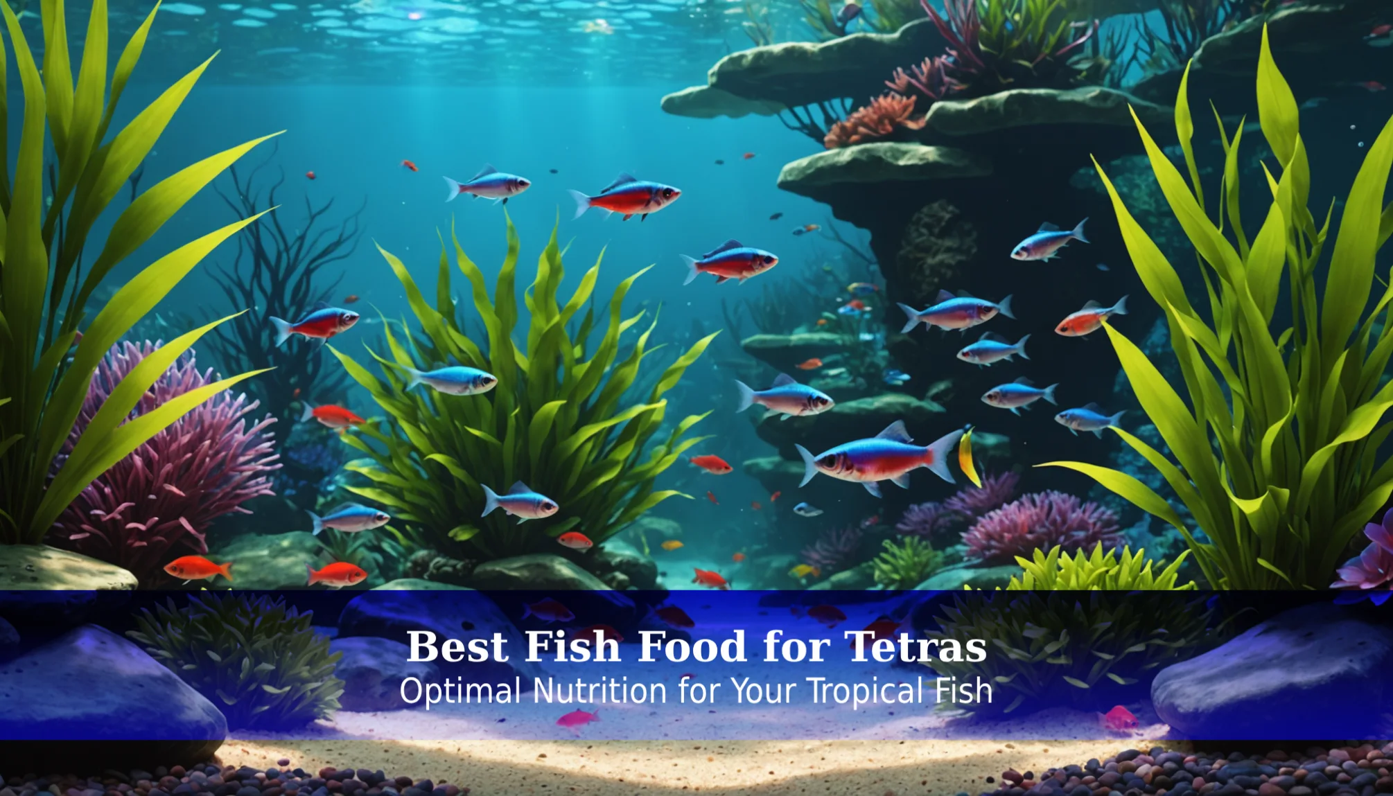 Explore an aquarium scene filled with vibrant fish weaving through lush green plants. Text overlay: 