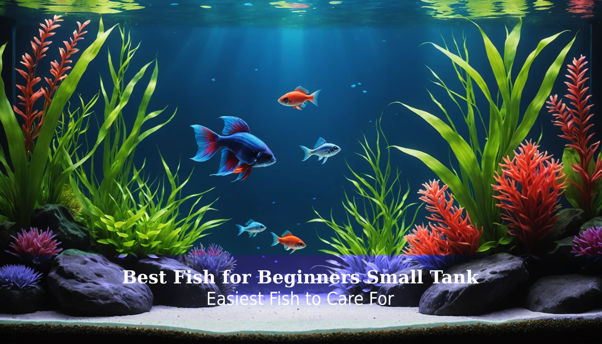 In a lively aquarium, colorful fish glide among lush green and red plants. Text reads: 
