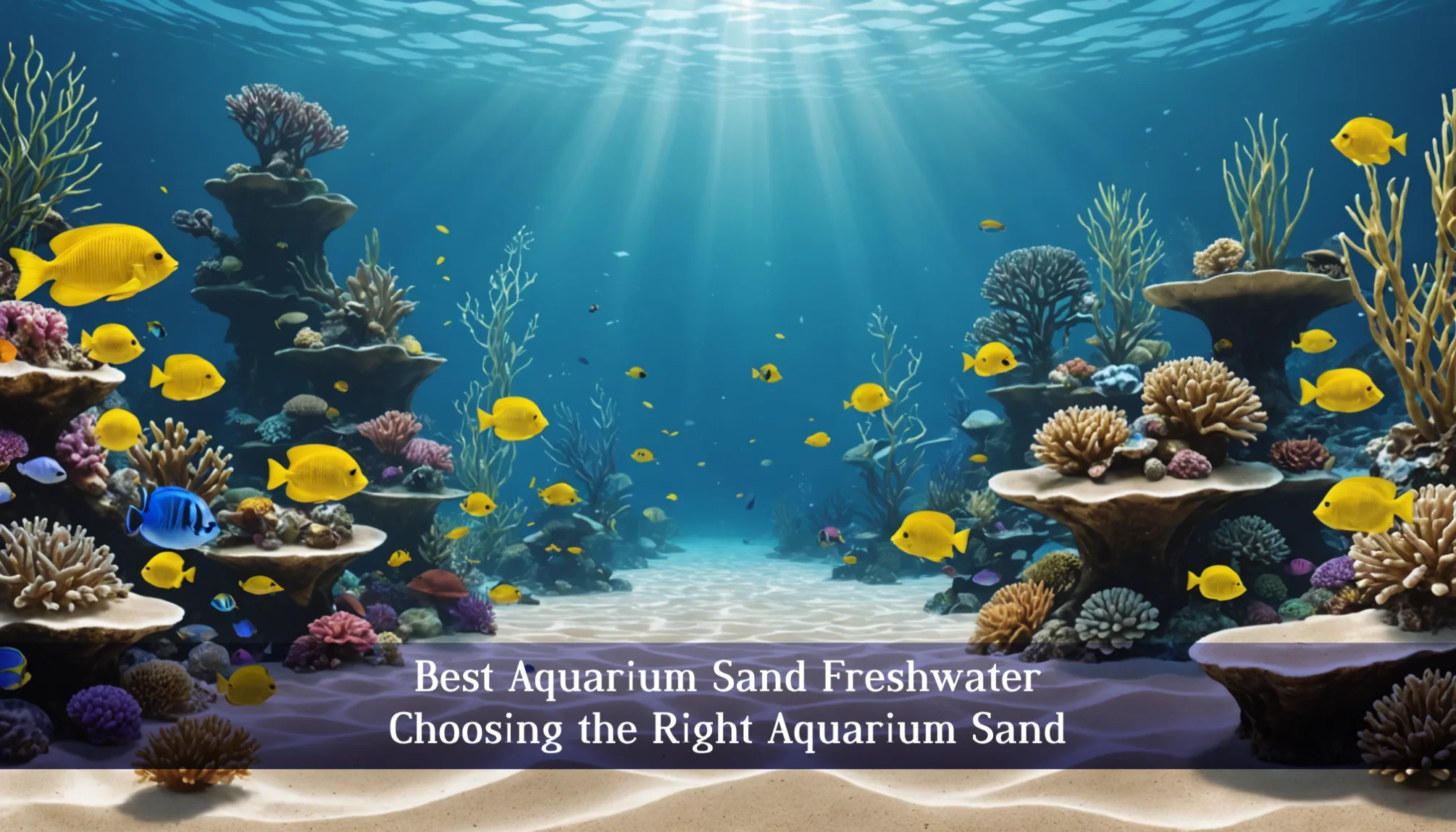 A vibrant underwater scene showcases yellow fish gliding among colorful corals atop a sandy sea floor. Text below reads: 