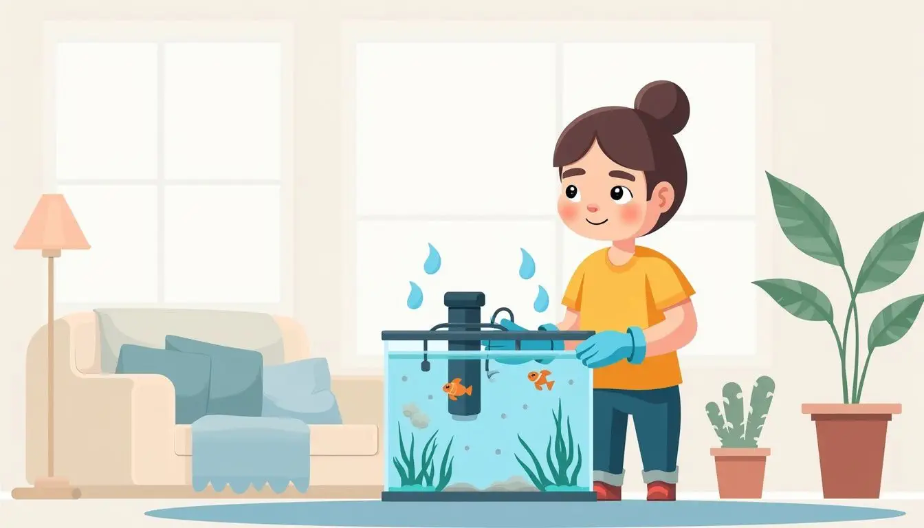 Person wearing protective gloves while cleaning a home aquarium. Person wearing protective gloves while cleaning a home aquarium.