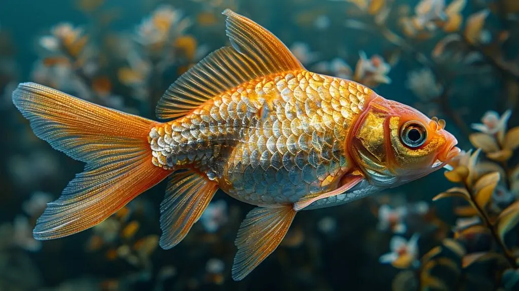 Close-up highlighting the gill area and pectoral fin of a male comet goldfish. Close-up highlighting the gill area and pectoral fin of a male comet goldfish.