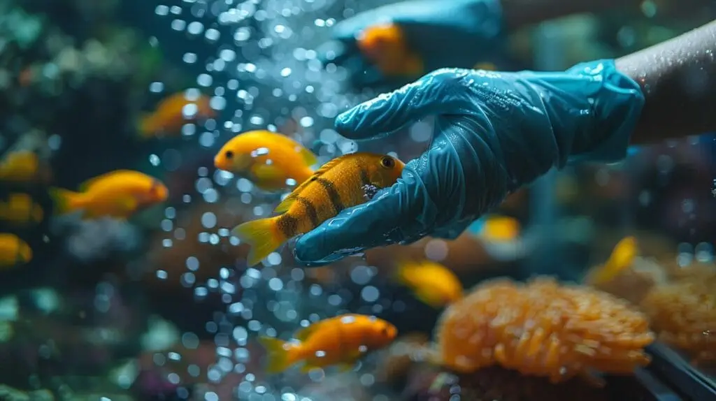 Demonstrating safe handling of fish with gloves during aquarium maintenance. Demonstrating safe handling of fish with gloves during aquarium maintenance.