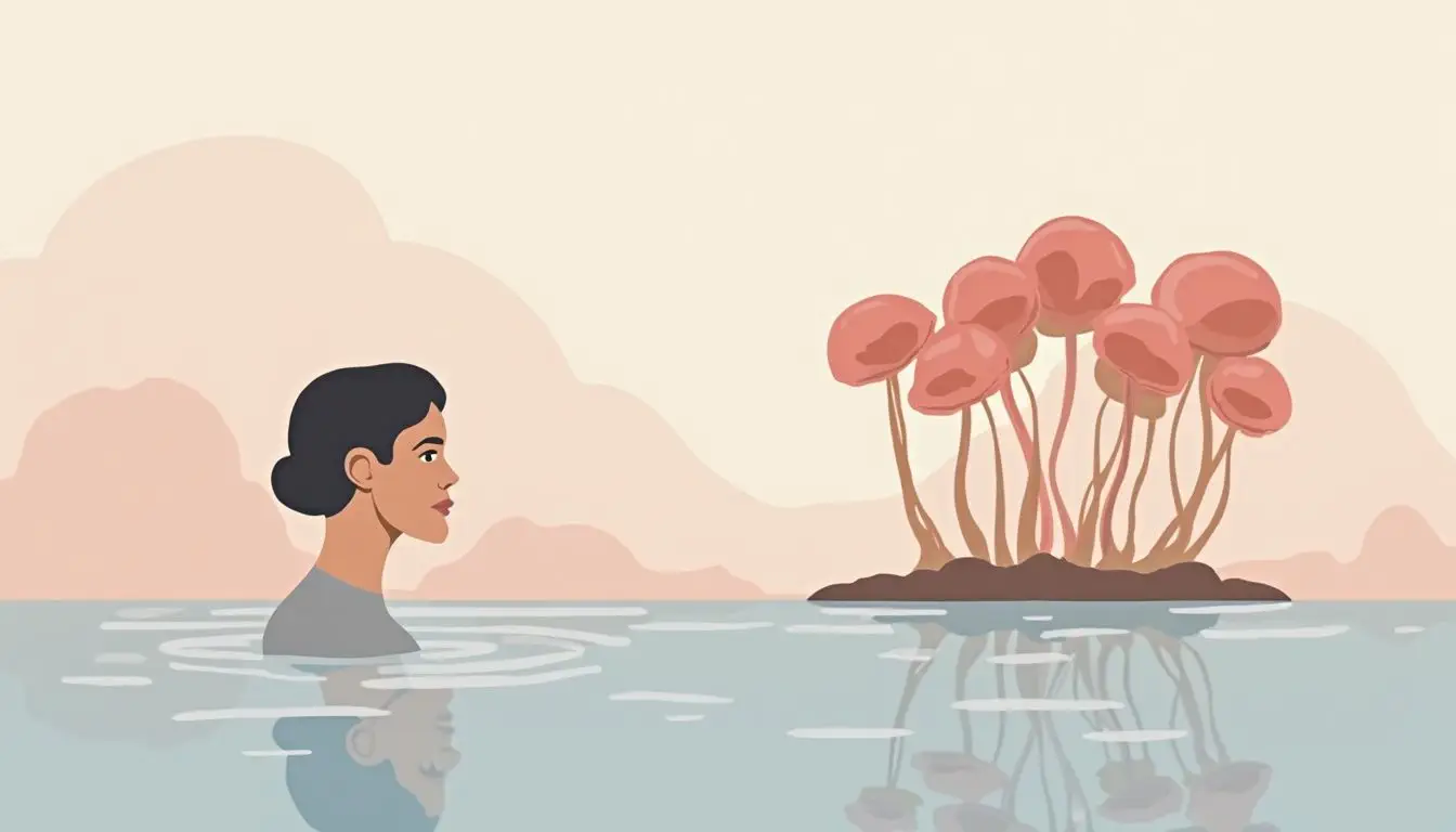 A minimalist flat design illustration of a person observing pink-to-brown mystery snail eggs.